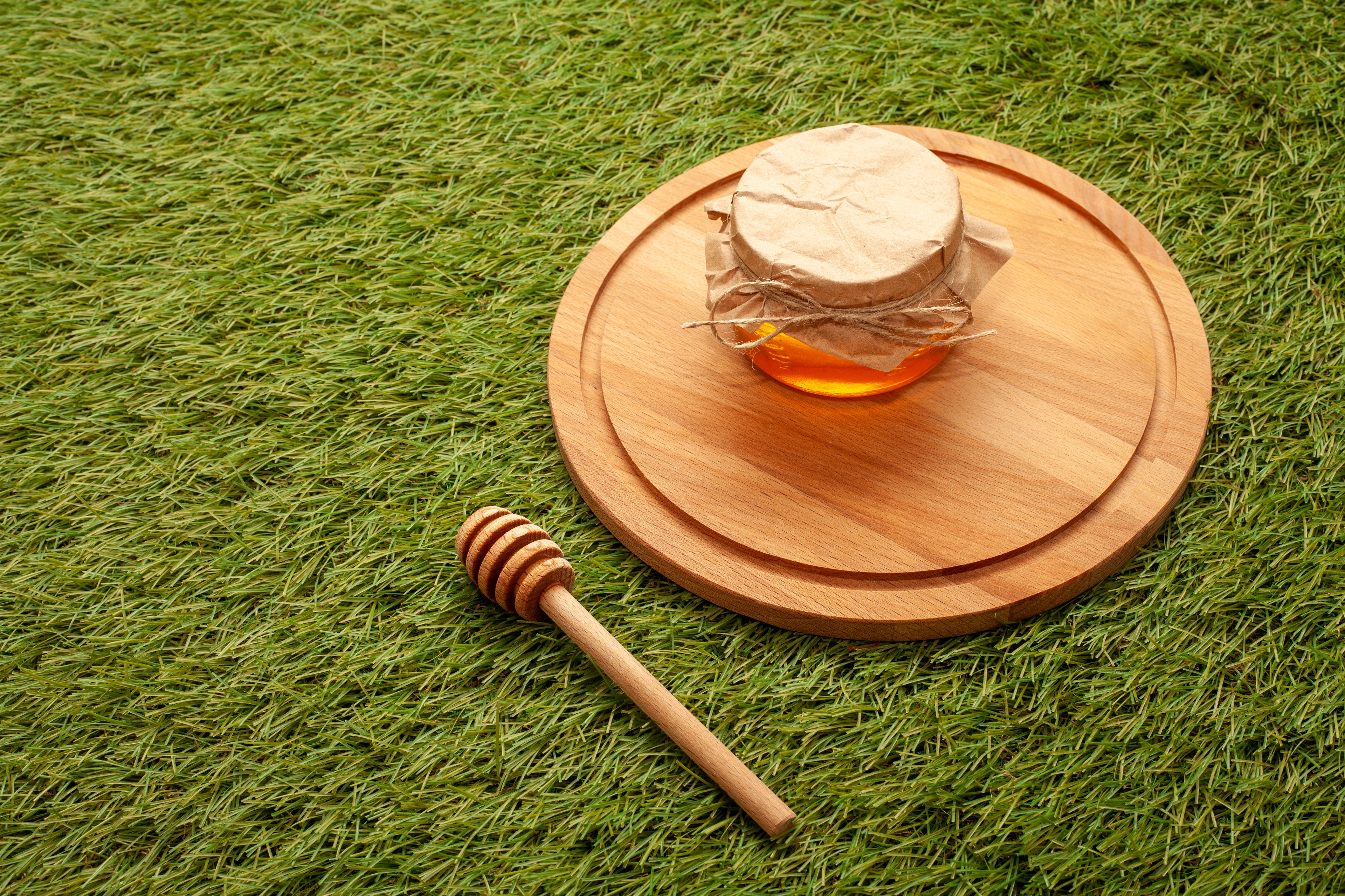 Honeycomb with honey on a wooden plate and honey dipper on grass