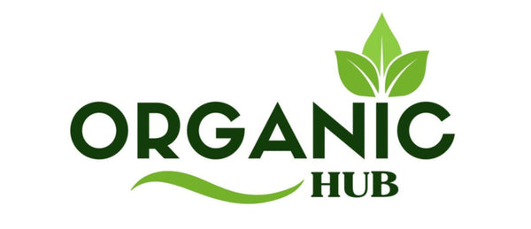 Logo of Organic Hub with green leaves on a white background